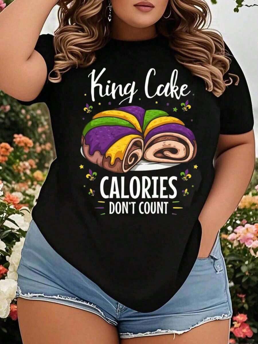Women's Plus Size Mardi Gras T-Shirt "King Cake Calories Don't Matter", Festive Party Shirt, Carnival Costume, Celebration Gift - 黑色 - 查看 1
