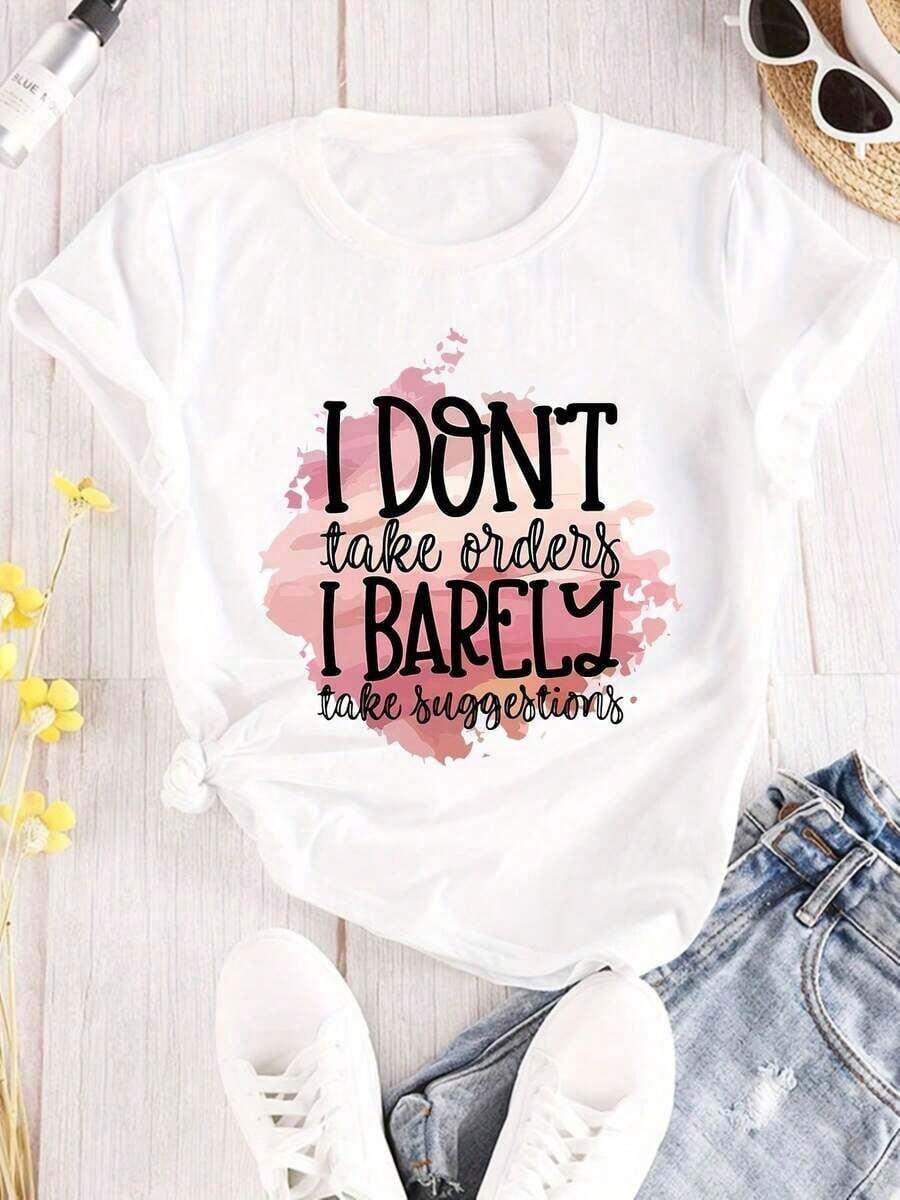 Plus Size Minimalist Modern T-Shirt With Slogan Print, Casual Short Sleeve Top For Spring Summer, Women's Clothing, Casual For Everyday Wear - 白色 - 查看 1