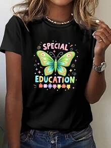 Soft, Breathable, And Lightweight For All-Day Comfort. Women's Special Education Teacher T-Shirt - Features A Colorful Butterfly And Puzzle Design, Printed With The Words "Special Education". Short-Sleeve Crew Neck Top In Green And Multicolor Print, Suitable For Educators And Staff, Inclusive Clothing. Classic Crew Neck With A Relaxed Fit Flatters All Body Shapes And Is Easy To Pair With Jeans, Shorts, And Leggings. - 黑色 - 查看 6