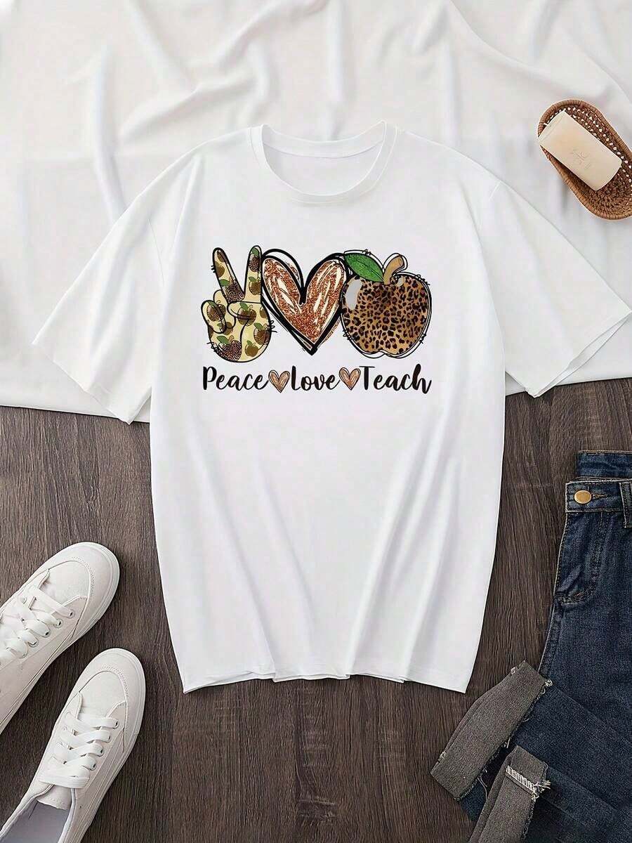 Women's Short Sleeve T-Shirt With Round Neck And Alphabet Letter Print - Casual Blouse For Casual, Office And Semi-Formal Outfits - Machine Washable - Slim Fit (Text In English And Chinese) 0000B1CDCE9VR0000 - 白色 - 查看 1