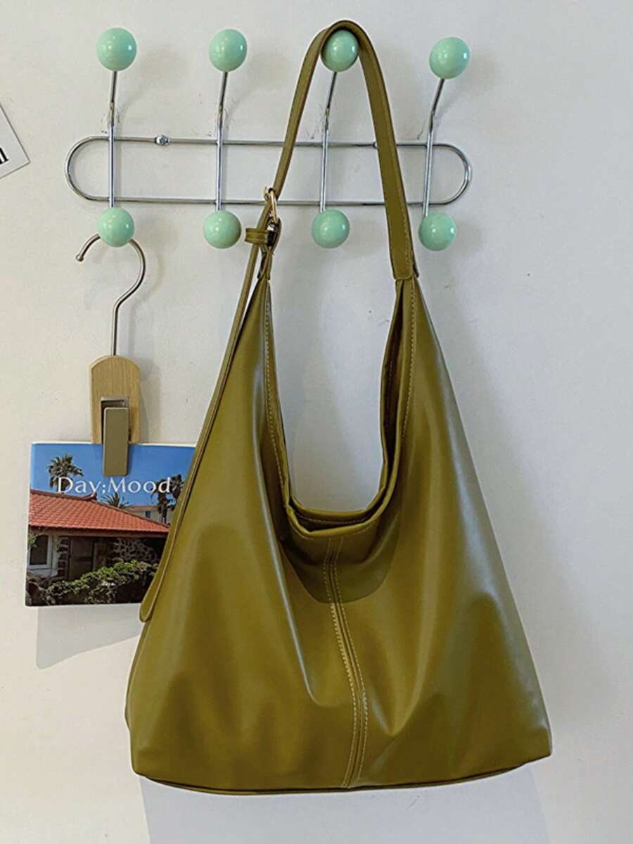 Women's Solid Color PU Leather Fashion Large Capacity Shoulder Bag For Daily Use - Army Green - View 1