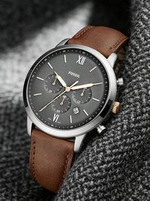 Fossil Men's Chronograph Watch Silver Tone Grey Dial Brown Leather Strap Two Tone Rose Gold Accent Business Casual Analog Watch for Office Meeting Weekend Road Trip Ideal Gift for Him on Birthday Fathers Day Graduation Perfect for Refined Retro Inspired Gentlemen - 棕色 - 查看 1
