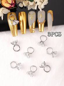 3 pièces/paquet Bagues à ongles de style luxe argent, fond pointu en cuivre incrusté, haut de gamme et exquis, convient pour l'art des ongles minimaliste de luxe léger, paillettes métalliques 3D pour ongles, texture en alliage métallique DIY pour la décoration des ongles, accessoires de décoration de faux ongles avec strass, bijoux pour l'art des ongles, fournitures pour ongles, gemmes et breloques pour ongles - Argent - Voir 8