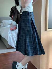 Vintage Pleated High Waist Slimming Academy Style Skirt (Random Plaid) - Blue - View 3