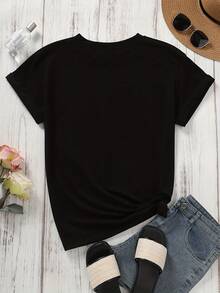 1 Piece Of Women's Short-Sleeved Crew Neck T-Shirt, Y2K Style, Summer Fashion, Casual And Comfortable, With Airplane And Heart Print, White With Red Details, Ideal For The Beach In Summer And Spring, Machine Washable, Airplane-Themed T-Shirt, Comfortable For Daily Wear, Short-Sleeved T-Shirt With Opaque Fabric Print, Birthday Gift. - 黑色 - 查看 2