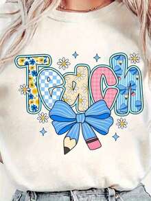 Camiseta Casual de Algodón para Mujer con Estampado TEACH - Diseño de Estrellas, Flores y Lápices, 100% Algodón Puro Suave y Transpirable, Cuello Redondo Lavable a Máquina, Estilo Casual y Cómodo, Ropa para Maestras, Moda para Uso Diario, Calidad de Impresión Duradera. - Albaricoque - Ver 1