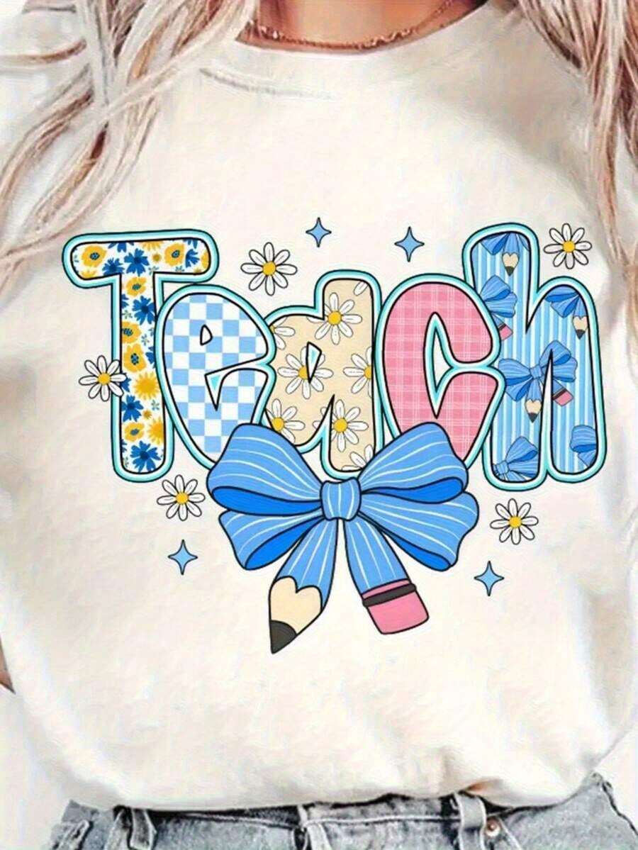 Camiseta Casual de Algodón para Mujer con Estampado TEACH - Diseño de Estrellas, Flores y Lápices, 100% Algodón Puro Suave y Transpirable, Cuello Redondo Lavable a Máquina, Estilo Casual y Cómodo, Ropa para Maestras, Moda para Uso Diario, Calidad de Impresión Duradera. - Albaricoque - Ver 1