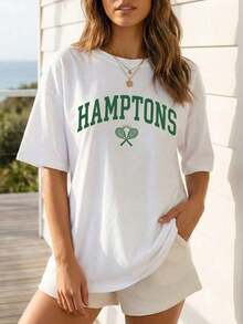 Cute Unisex Premium Casual T-Shirts, Oversized Cotton T-Shirt With Hamptons Graphic Design | Soft Summer Casual T-Shirt With Tennis Print, Preppy Style, Spring And Summer Clothing, One Piece, 35% Cotton, 65% Polyester. - 白色 - 查看 6