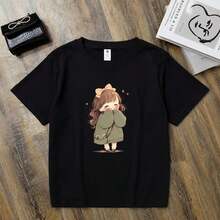 Women's Anime Print T-Shirt - Korean Style, Cute Short Sleeve Anime T-Shirt With Round Neck, Casual Summer Top For Outfits (Machine Washable) Soft - 黑色 - 查看 7