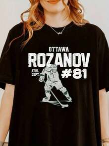 Ice Hockey Romance, S Romance Peripheral Products, Romantic T-Shirts, For OTTAWA Ice Hockey Team Rozanov No.81 English Letter Slogan Pattern Printed Short-Sleeved T-Shirt, Short-Sleeved Crew Collar Casual Top For Summer And Spring, Women's Wear - 黑色 - 查看 1