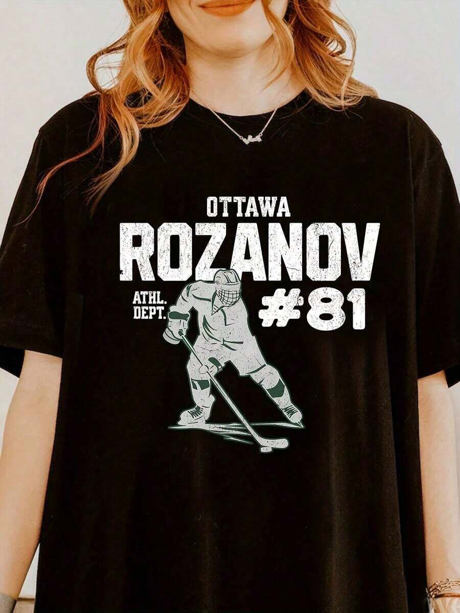 Ice Hockey Romance, S Romance Peripheral Products, Romantic T-Shirts, For OTTAWA Ice Hockey Team Rozanov No.81 English Letter Slogan Pattern Printed Short-Sleeved T-Shirt, Short-Sleeved Crew Collar Casual Top For Summer And Spring, Women's Wear - 黑色 - 查看 1