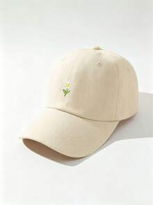 1pc Unisex Y2K Style Embroidered Floral Baseball Cap, Outdoor Casual Commute Minimalist Y2K Snapback Hat, Fashionable Sun Hat For Youth - Beige - View 3