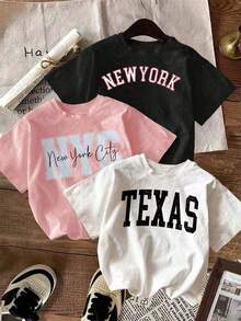 1 Pack Women's T-Shirt, Round Neck, Short Sleeve, Graphic Print Of City Names NEW YORK NYC, TEXAS, American Design, Urban Style, Modern Youthful Design, American Style, Modern Urban Design, Round Neck, Short Sleeve, Spring/Summer, Everyday Wear - 彩色 - 查看 5