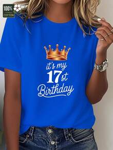 Women's Pure Cotton T-Shirt With Gold Crown Design For 17th Birthday, Comfortable Fit, Elegant Party Outfit, T-Shirt For Elegant Ladies, Blouses Suitable For Curvy Women, Casual Wear, Cool And Sweat-Free Summer Clothes, Fun Letter Print - 藍色 - 查看 6