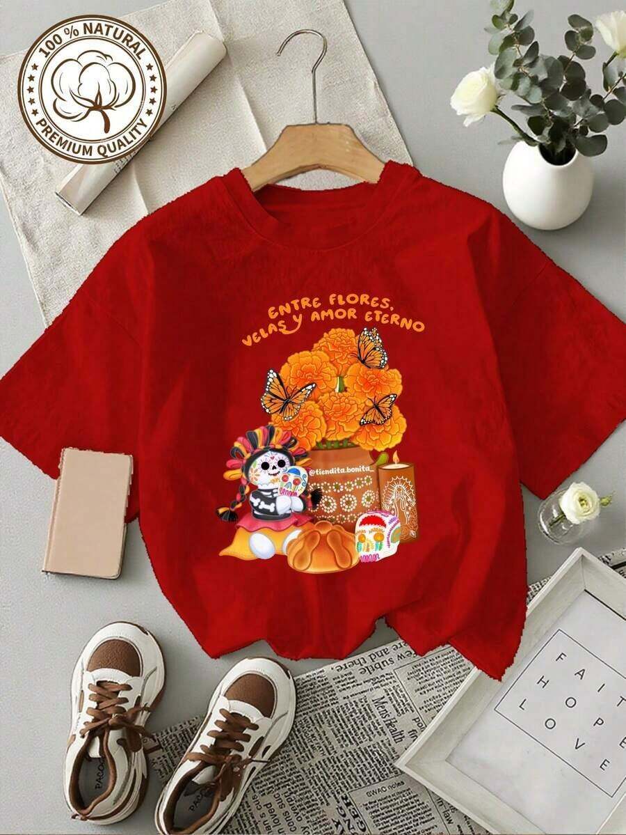 MYNOVA C Women's Soft Cotton T-Shirt, Plus Size, With Day Of The Dead Skull And Flower Print, Halloween Gift, Outfit, Fashionable Women's Summer Dresses, Casual, Perfect For All Seasons, Sizes S M L XL, 100% Cotton Women's T-Shirts - 紅色 - 查看 1