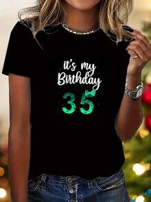1 Piece Of Y2K Style Women's Casual Short-Sleeved Sports T-Shirt With "This Is My 35th Birthday" Print, Birthday Gift. Elegant Party Outfit, T-Shirt For Elegant Ladies, Blouses Suitable For Curvy Women, Casual Wear, Cool And Sweat-Free Summer Clothing, Fun Letter Print. - 黑色 - 查看 1