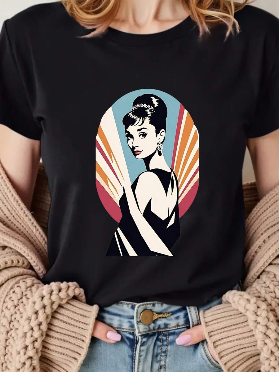 Women's Vintage T-Shirt With Print - Iconic Actress Look, Round Neck, Comfortable And Casual, Ideal For Parties, Costumes And Hepburn Fans - Machine Washable Movie Clothing - 黑色 - 查看 1