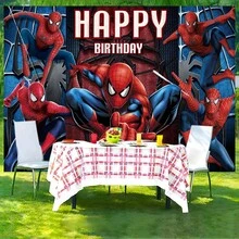 1pc Spider-Man Happy Birthday Backdrop Marvel Superhero Boy Party Decoration Cartoon Photography Background Indoor Holiday Gathering Scene Layout Cake Table Wall Tapestry Anime Fan Birthday Party Props Wall Hanging Decor - Nhiều màu - Xem 2