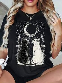 Women's T-Shirt With Cat And Moon Print - Casual Short Sleeve Crew Neck T-Shirt, Starry Night Design, Perfect For Outdoor Activities And Christmas Gifts, Festive Gift T-Shirt | Mysterious Cat Print | T-Shirt, Cat T-Shirt - 黑色 - 查看 1