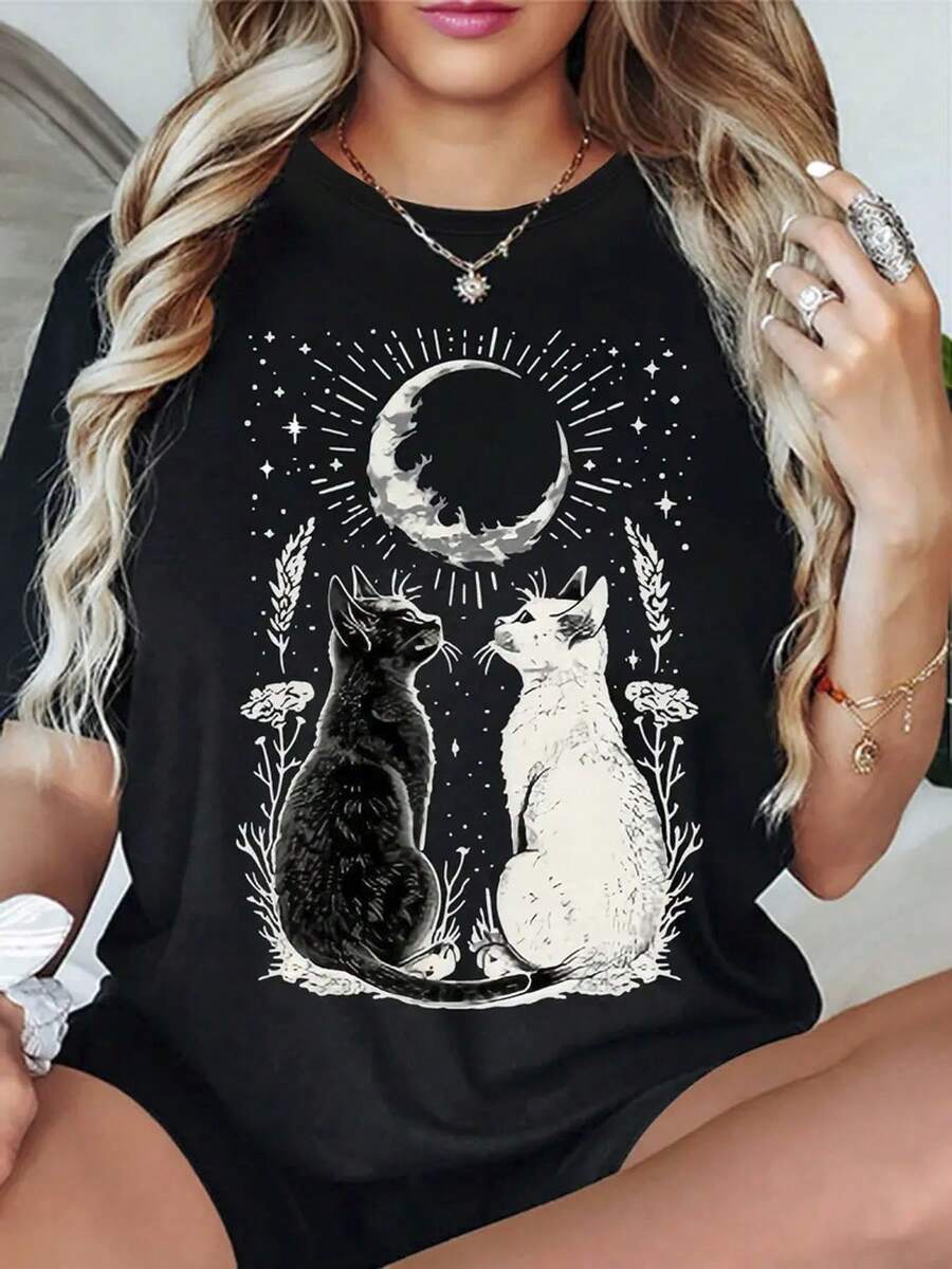 Women's T-Shirt With Cat And Moon Print - Casual Short Sleeve Crew Neck T-Shirt, Starry Night Design, Perfect For Outdoor Activities And Christmas Gifts, Festive Gift T-Shirt | Mysterious Cat Print | T-Shirt, Cat T-Shirt - 黑色 - 查看 1