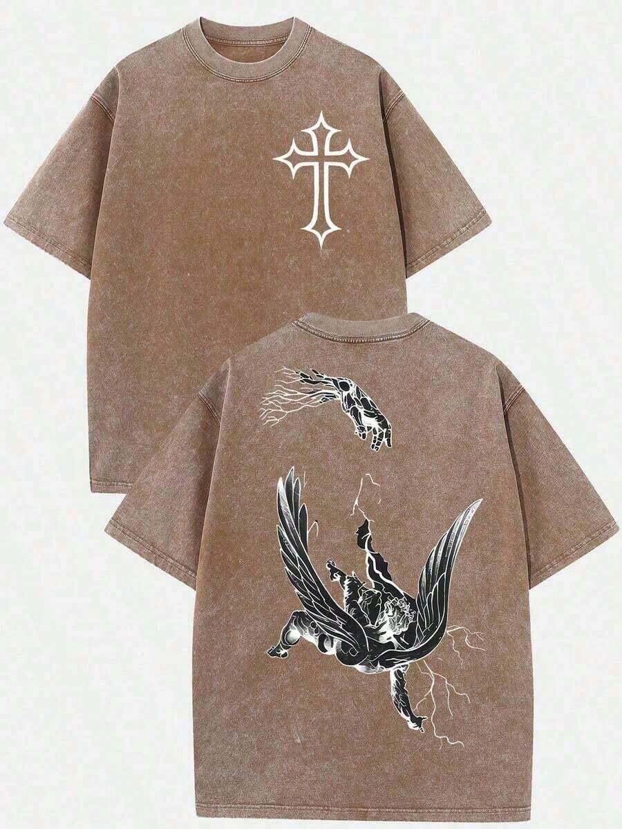 Women's & Men's Casual Loose Fit T-Shirt (230g T-Shirt) For Men, Washed Cotton With Lightning Angel Graphic Print, Short Sleeve Crew Neck T-Shirt, Casual Oversize Style, Urban Retro Top With Dark Religious Print. - 棕色 - 查看 1