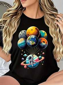 Camiseta de mujer camiseta de manga corta negra con patrón de ilustración de globo espacial camiseta de cuello redondo suave y glutinoso con micro bomba dise?o casual, fresco y transpirable personalidad llamativa moda estilo fresco blusa adecuada para el uso diario casual, cómodo y perezoso - Negro - Ver 1