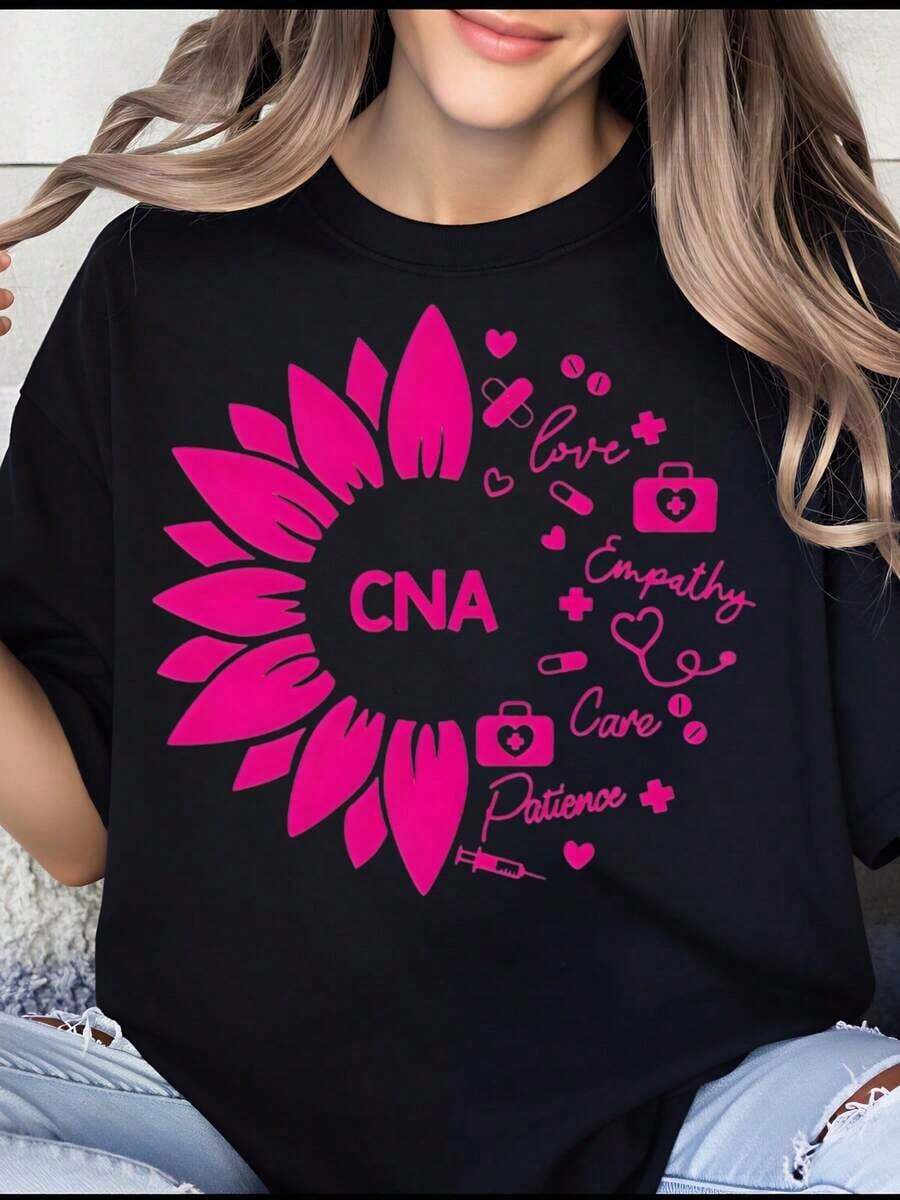 Women's Sunflower Design T-Shirt, Certified By The Nurses Association, For Nursing Assistants, With Messages Of Love, Empathy, Care And Patience, Gift For Nurses And Healthcare Workers - 黑色 - 查看 1