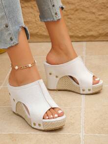Women's Geometric Platform Wedge Sandals - Summer Peep Toe Thick Sole Slide Mules, Comfortable Sporty Wedge Heels For Beach Vacation - 320 Trắng - Xem 5