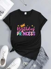 New 2026 Collection: Women's Cotton T-Shirt, 1 Piece, Princess Print For Birthday, Casual Sporty Style - Short Sleeve Top With High Elasticity Round Neck, Suitable For Spring, Summer And Autumn, Machine Washable, Summer Fashion Design, Opaque Material. - 黑色 - 查看 1