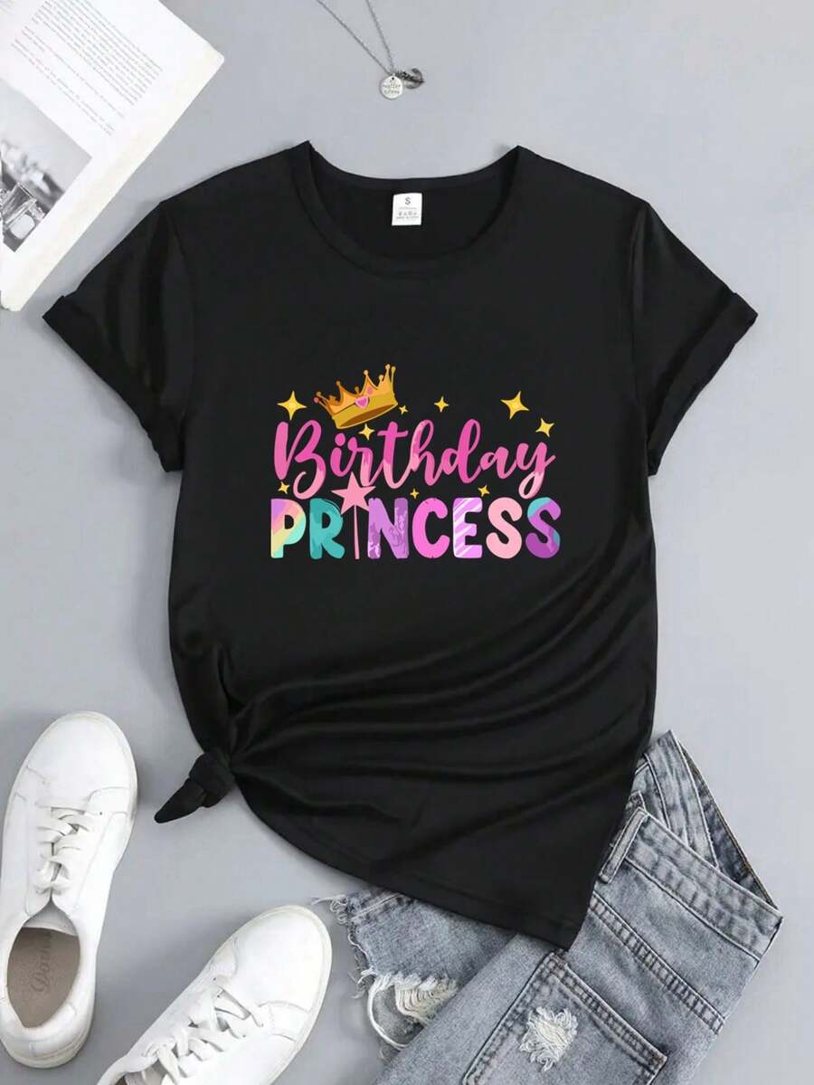 New 2026 Collection: Women's Cotton T-Shirt, 1 Piece, Princess Print For Birthday, Casual Sporty Style - Short Sleeve Top With High Elasticity Round Neck, Suitable For Spring, Summer And Autumn, Machine Washable, Summer Fashion Design, Opaque Material. - 黑色 - 查看 1