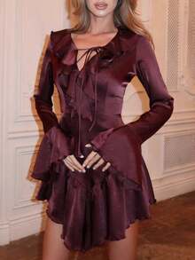 Elegant Short Dress 2026 With Ruffles, Fitted V-Neck And Bow, Sweet Style For Party - Burgundy - View 1