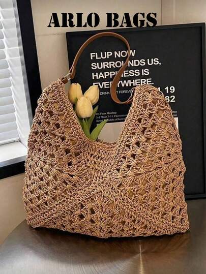 This Woven Shoulder Bag Is A Must-Have For Summer Vacations. With Its Spacious Interior, Openwork Design, And Leather Handles, It's Perfect For Beach Trips, Shopping, And Weekend Getaways, Making It An Ideal Choice For Travel Enthusiasts.