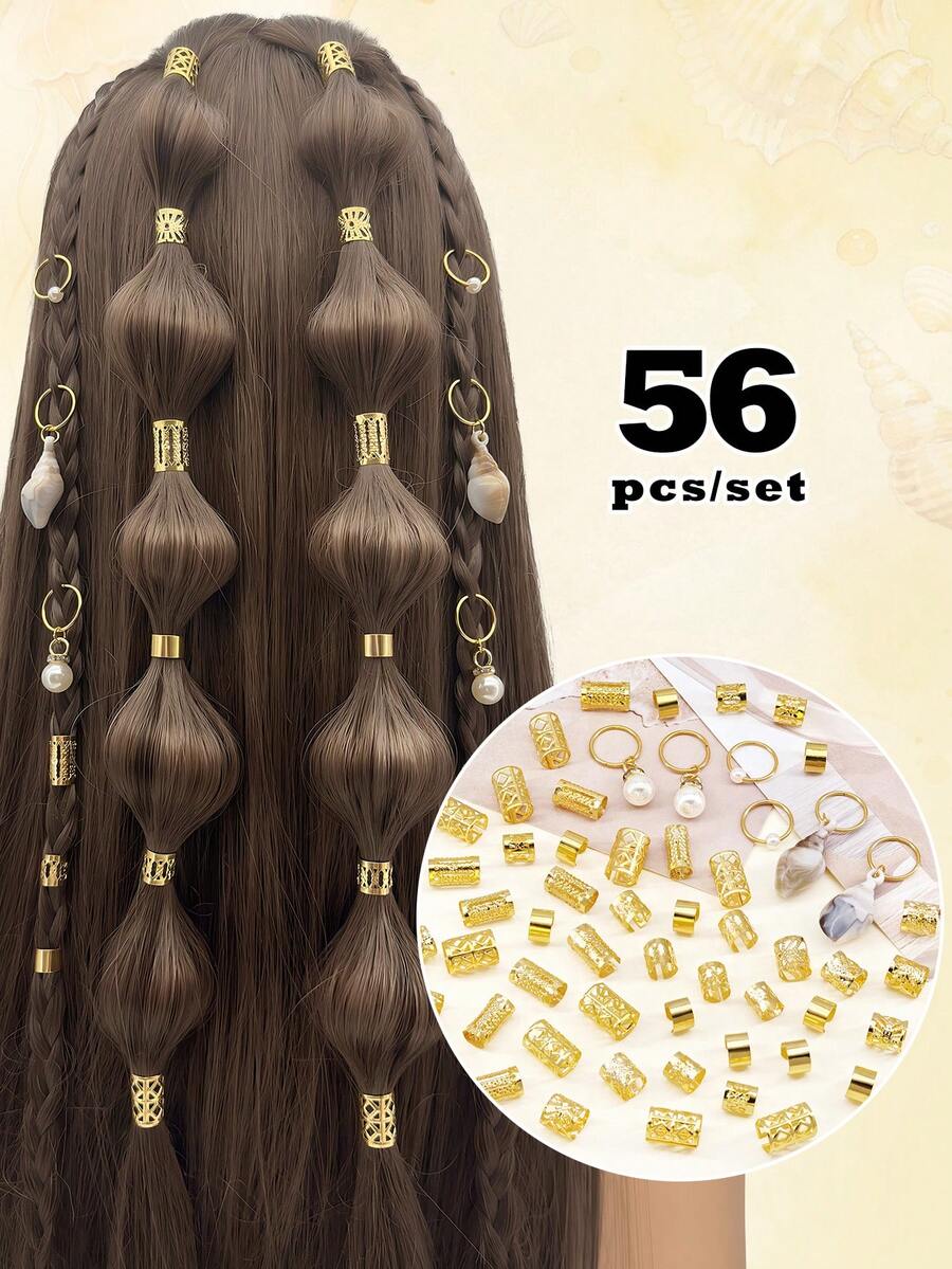 56pcs Luxury Beach Element Hair Rings With White Conch & White Pearls - Summer Adjustable Hair Cuffs, Coastal Boho Jewelry For Dreadlocks - Gold - View 1
