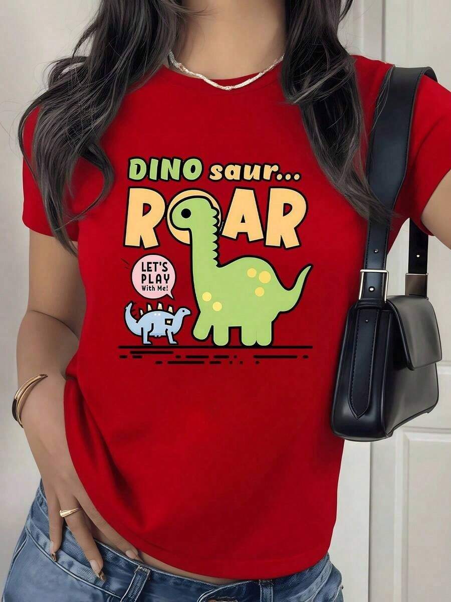 2026 New Cotton Shirt (100% Cotton) Two Adorable Dinosaurs In Shades Of Green And Blue Convey Tenderness And Childlike Joy With The Fun Phrase "Roar" That Evokes Playfulness And Positive Energy. Women's Simple Solid Color Shirt, Loose And Casual Short Sleeve - 紅色的 - 查看 1