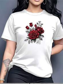 Impresionante camiseta con estampado de rosas rojas de 180 g – perfecta para reuniones familiares, regalos de San Valentín y eventos corporativos. - Blanco - Ver 1