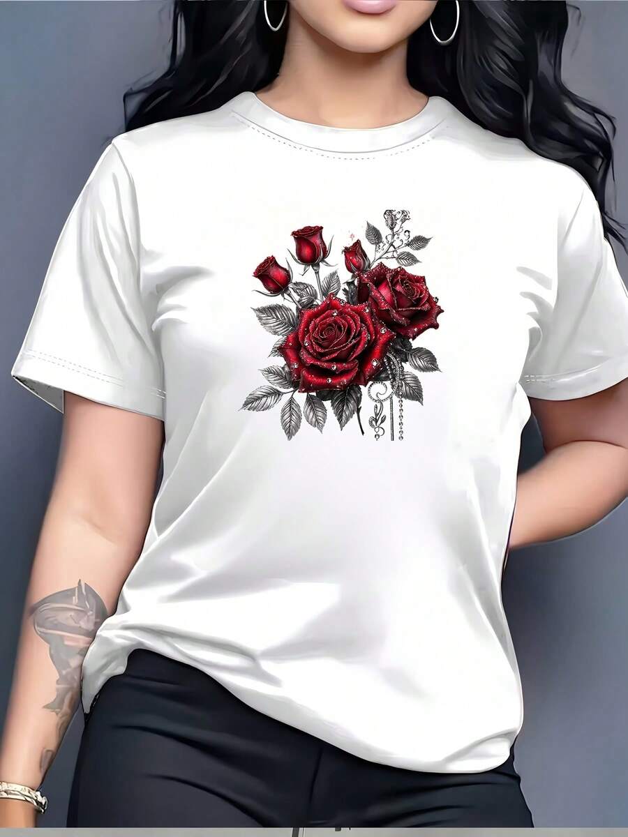 Impresionante camiseta con estampado de rosas rojas de 180 g – perfecta para reuniones familiares, regalos de San Valentín y eventos corporativos. - Blanco - Ver 1