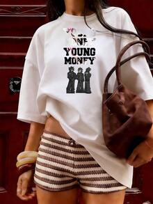 T-Shirt With "YOUNG MONEY" Text And Urban Figures,  Short-Sleeved T-Shirt For Spring And Summer 2026, Made In Mexico, 180 Grams. Cartoon Print, Couple Design, Suitable For Indoor Or Outdoor Wear. Crew Neck, Unisex, Ideal For Office And Leisure. One-Pack. - WH-P631577SLNDXZGY596 - 查看 3