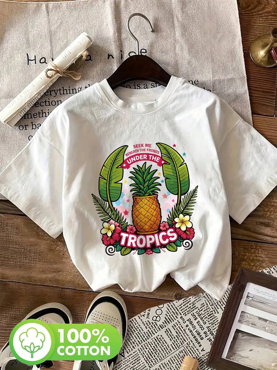 | Exquisite Design | Loose And Comfortable | Easy To Match | Women's Summer Clothing, Vintage Style Casual T-Shirts With Tropical Elements And "Seek Me Beneath The Fronds Under The Tropics" Print, Pure Cotton Crew Neck Short Sleeve T-Shirt [LangK] - 白色 - 查看 1