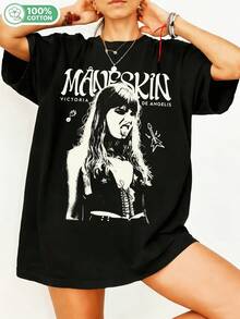 Maneskinn Victoriaa De Angeliss Rock Band Member Vintage Black And White Graphic 100% Cotton Oversized T-Shirt Y2K Streetwear Unisex Tee For Men And Women, Rock Music Fans, Casual Top. - Black - View 6