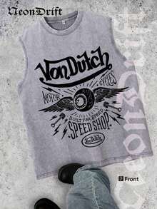 Unisex Summer Tops,NeonDrift Men's Tank Top 100% Cotton Heavyweight Vintage Distressed Washed Sleeveless T-Shirt, 100% Cotton, Soft & Skin-Friendly, Streetwear Style-Van Dutch Motor Cycles Speed Shop Sleeveless Tee Vintage Graphic Design For Men Classic Americana Style Streetwear Biker Culture Fashion Casual Wear Motorcycle Enthusiast GiftLoose And Comfortable Washed Vintage T-Shirt - 灰色 - 查看 2