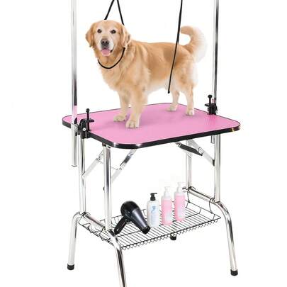 Mesa de peluquería para perros plegable – Superficie antideslizante, bandeja de malla, brazo ajustable y lazo de sujeción – Soporta hasta 150 kg –  Color rosa, 36/46 pulgadas