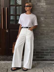 Jeans casuales de cintura media, pierna recta y corte holgado para mujer - Blanco - Ver 2