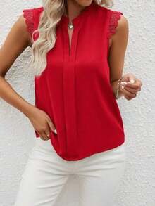 Clasi Camisa de mujer sin mangas de unicolor con cuello en V elegante y parche de encaje, verano - Rojo - Ver 6