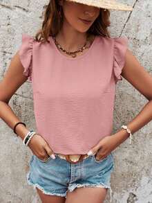 Blusa de verano para mujer con volantes y tirantes cruzados en la espalda de un solo color - Rosa - Ver 2