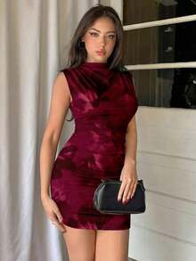 Vestido ajustado con fruncidos de estilo minimalista y sin mangas de unicolor para mujer - Burdeos - Ver 4
