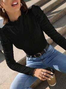 Frenchy Camiseta con bordado con ojal ribete fruncido - Negro - Ver 4