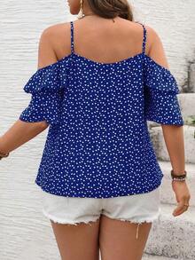 Camiseta romántica con volantes y escote descubierto de corazoncitos para vacaciones, talla grande.Ideal para fiesta casual, picnic o San Valentín. - azul real - Ver 2