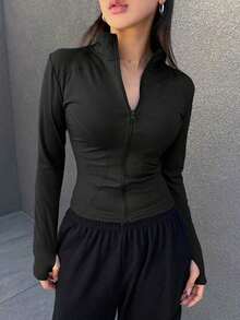 Chaqueta de manga larga sólida para mujer, ajuste delgado, minimalista ideal para primavera y verano - Negro - Ver 4