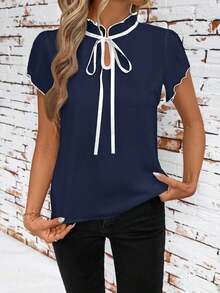 Camisa de mujer de manga corta, con lazo, volantes, a cuadros, elegante y casual para vacaciones y picnic, primavera/verano - Azul marino - Ver 6