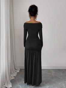 Vestido de punto ajustado de manga larga con hombros descubiertos, elegante y vintage, adecuado para otoño/invierno, Halloween - Negro - Ver 2